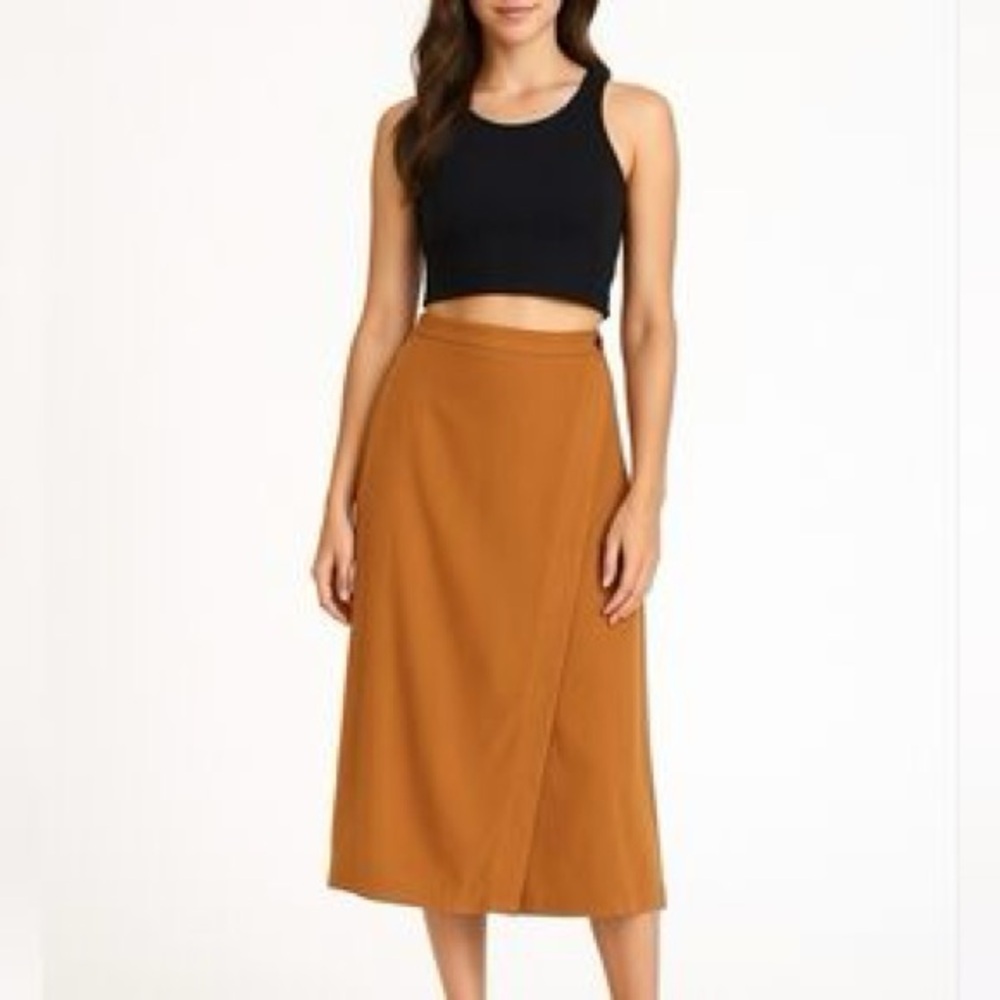 Frank & Oak Wrap Midi Skirt in Ginger, tan long skirt in size m